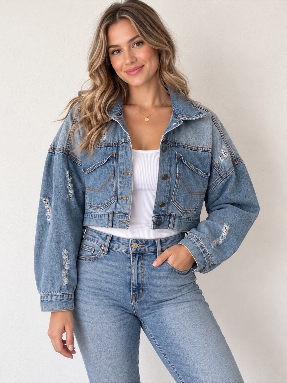 Fashion Nova Light Blue Cropped Distressed Denim Jacket